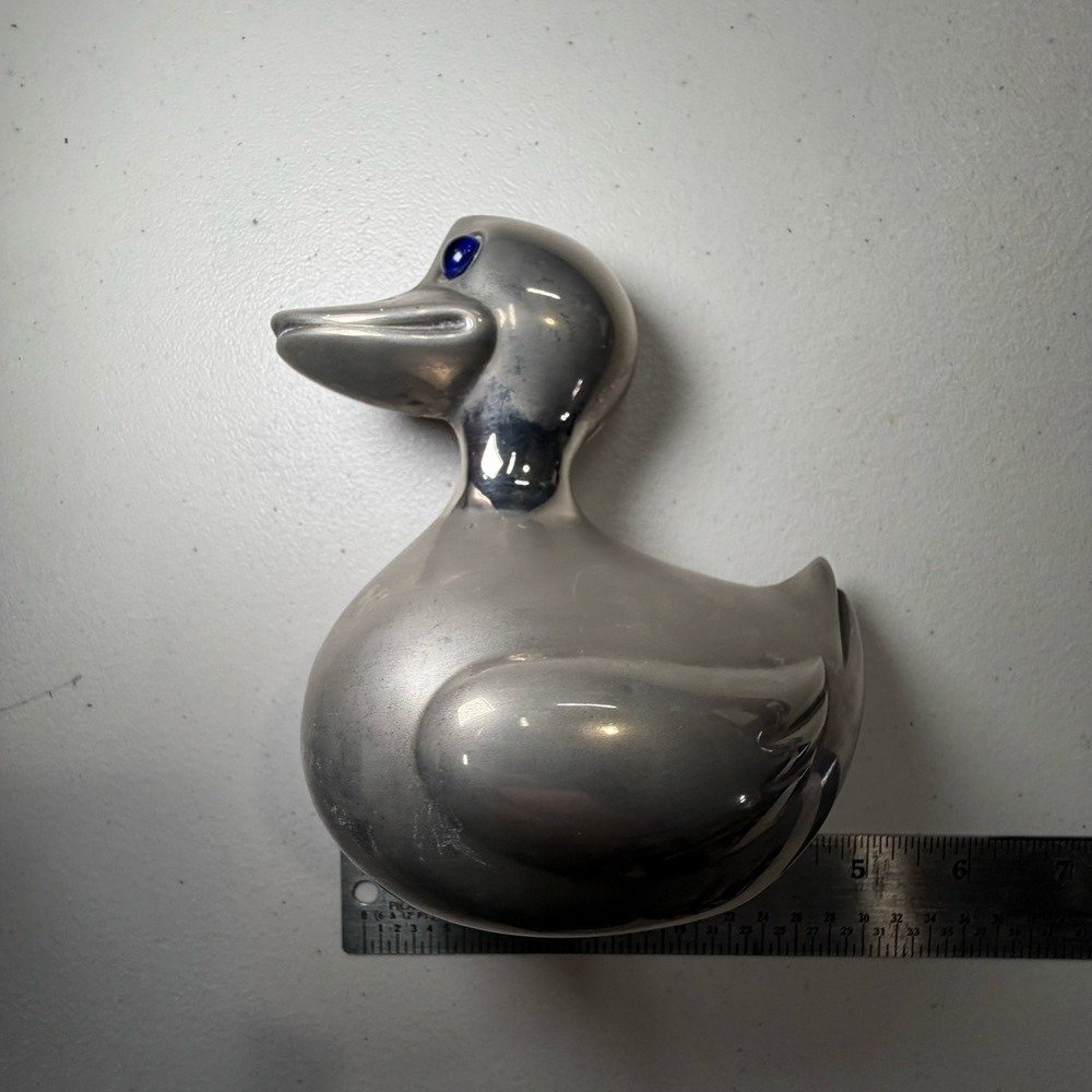 Vintage Silver Metal Duck Coin Bank Blue Eyes Mid Century Modern Decor Hong Kong